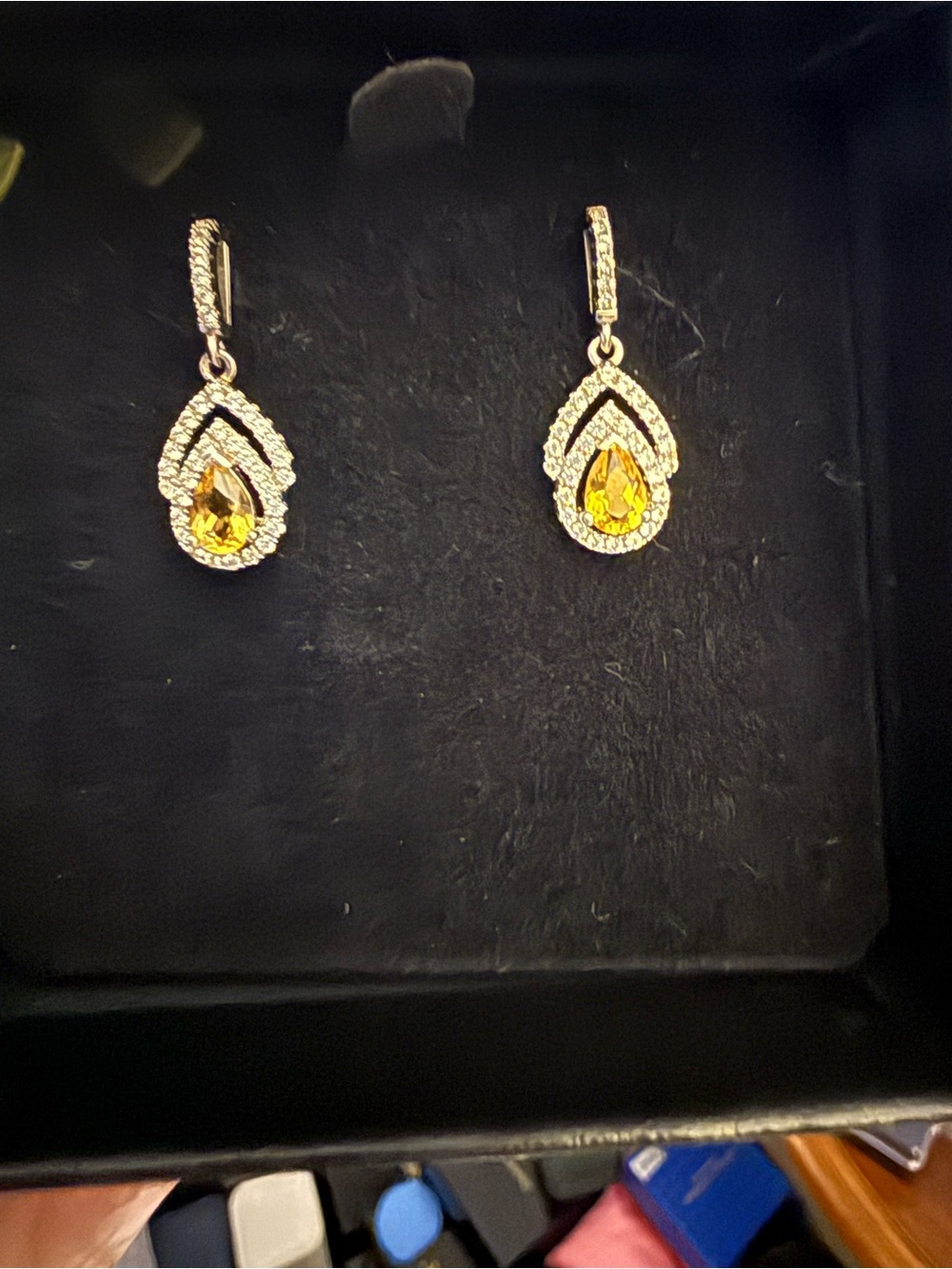 Gold Tone Yellow Teardrop Crystal Dangle Earrings